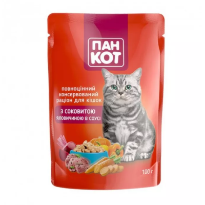 Вологий корм для котів Пан Кіт з соковитою яловичиною в соусі